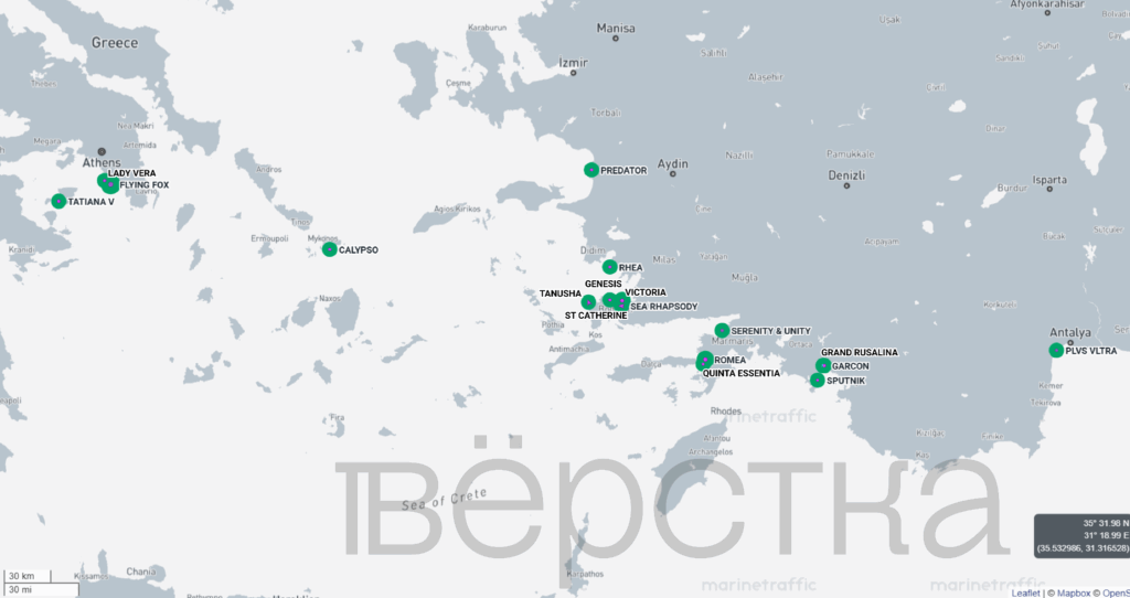 Более 20 яхт российских миллиардеров собрались около побережья Турции и&nbsp;Греции недалеко от&nbsp;лодки Путина